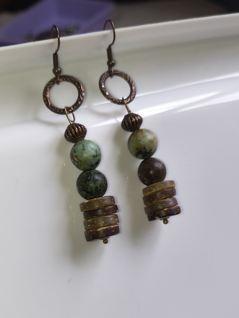 Handcrafted Turquoise Beads, Bronze Beads And Coconut Shell Drop Earrings